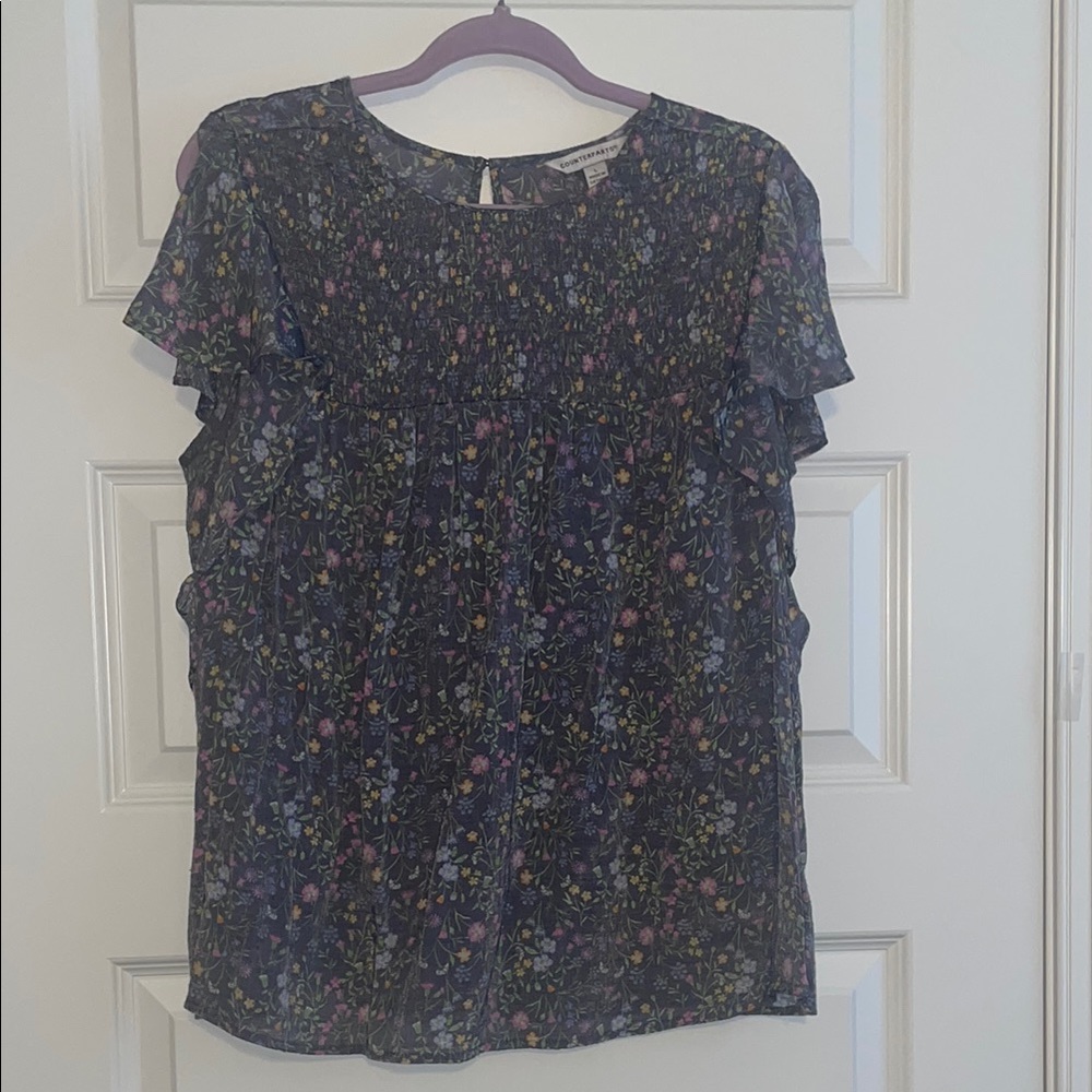 Counterparts Blue-Gray Flutter Sleeve Ruffled Blouse